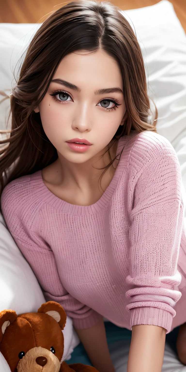 1girl walking on the river, mix4, sweater, pillow, lips, open_mouth, realistic, photo_\(medium\), solo, stuffed_animal, stuffed_toy, teddy_bear,(masterpiece),(photorealistic:1.3), ultra-detailed, (high detailed skin:1.2),(best quality:1.0), (ultra highres:1.0), (ulzzang-6500:0.3), wavy detailed hair, long hair, sunshine, (beautiful detailed makeup), (sexually aroused blushing heavy breathing:1.0), floral theme flower petals scattered, (soft glow bloom:0.5)