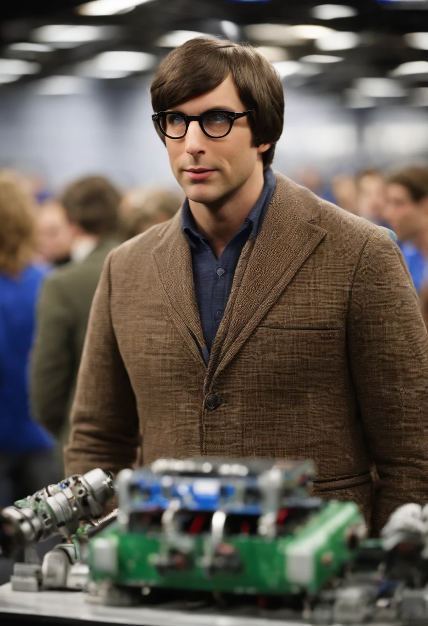A photo of Howard at a robotics competition, eagerly examining the latest robotic technology.,The Big Bang Theory,Woward is a man with a large nose, brown bowl cut, and wears turtlenecks, male