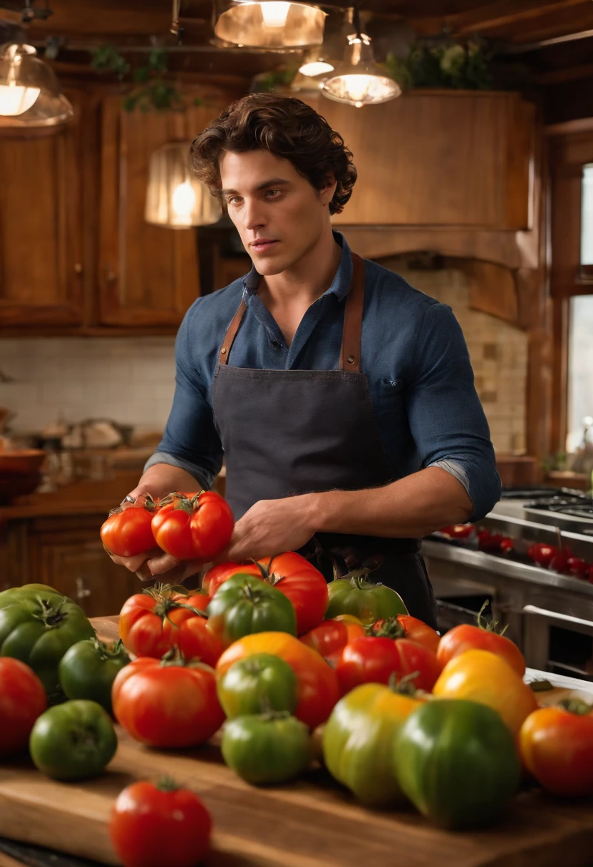 A photo of Carmy meticulously arranging a colorful array of heirloom tomatoes on a cutting board,The Bear,Carmen “Carmy” Berzatto, portrayed by actor Jeremy Allen White, is a young chef with a lean and agile build, reflecting his bustling energy in the kitchen. He has a rugged, somewhat weary appearance, with short, tousled dark hair and intense, expressive eyes that often convey the weight of his personal and professional pressures. Carmy’s typical attire in “The Bear” includes a white chef’s coat or a simple t-shirt., male