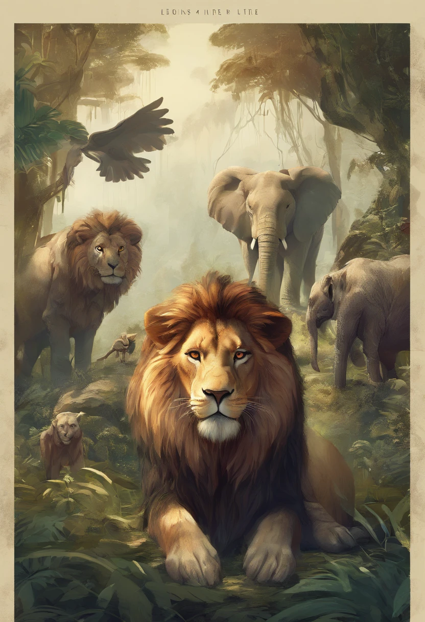 lion, owl and elephant in the jungle