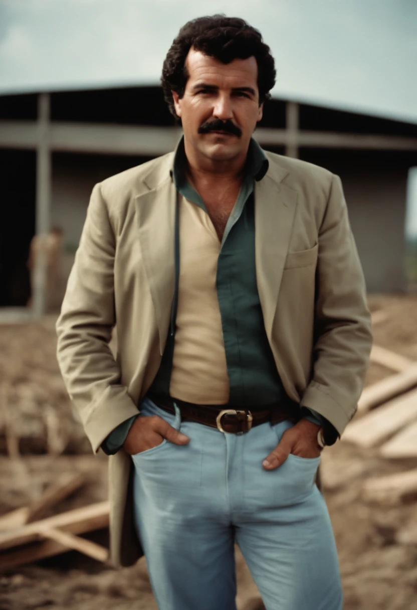 A photo of Escobar overseeing the construction of a new community school,original,Pablo Escobar, the infamous Colombian drug lord and leader of the Medellín Cartel, was often recognized for his stout build and mustachioed face. He typically dressed in casual attire, favoring simple polo shirts and slacks, which contrasted sharply with his immense wealth and power. His dark, brooding eyes and stern expression often gave him an intimidating presence, a reflection of his formidable status as one of the world’s most notorious criminals., male