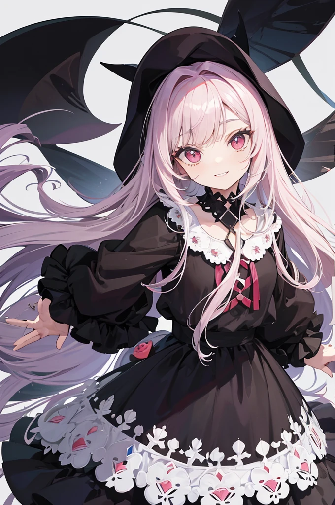 cabelos de cor preta，pupilas cor-de-rosa，cabelo xale，（（Cabelo e comprimento da cintura）），Lolita preto-rosa，（（（Mangas））），Orelhas de gato preto puro，Orelhas pretas puras，toothy smile，fundo rosa，Gato preto pequeno，Foco no rosto，detalhe no rosto