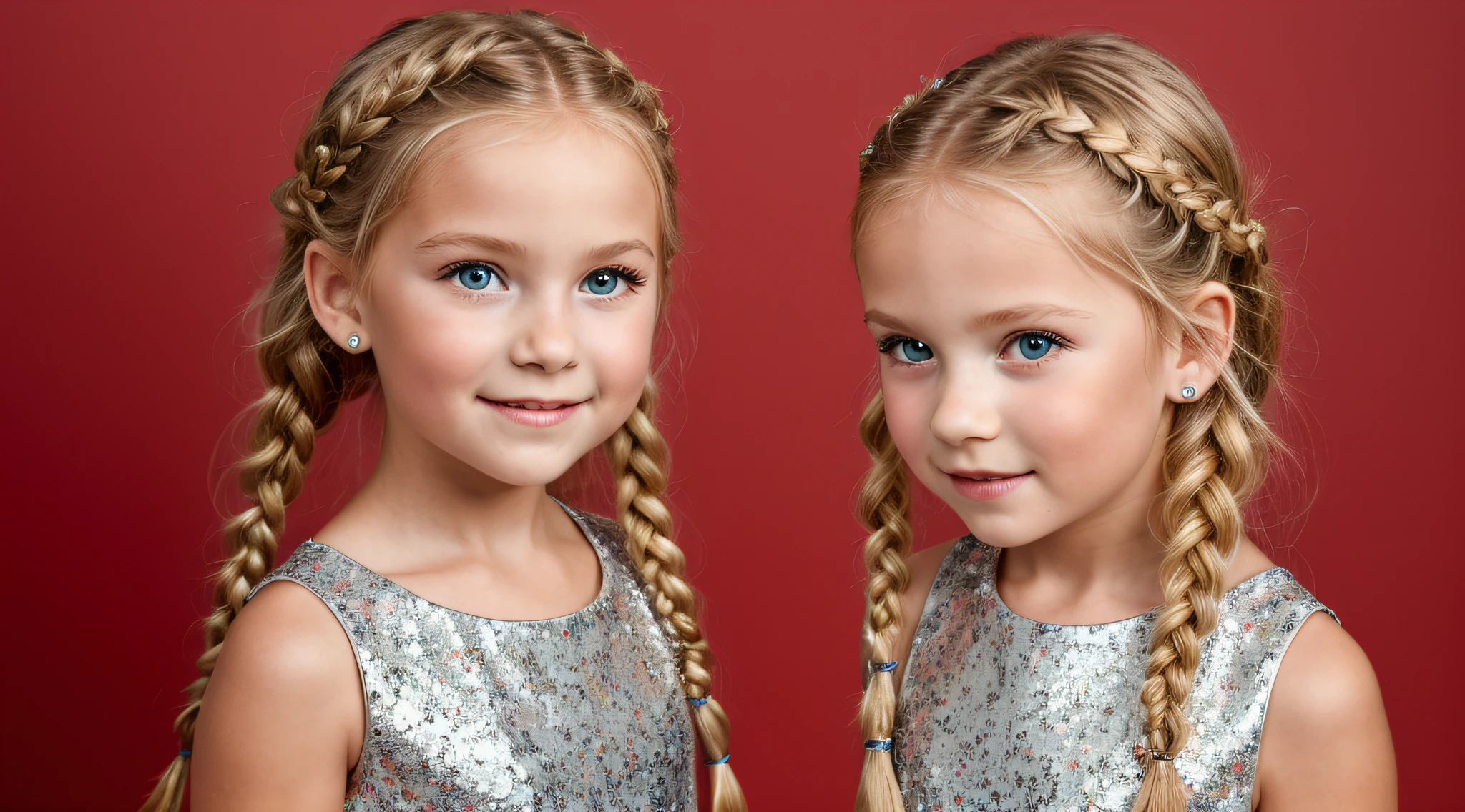 close-up CHILDREN BLONDE GIRL WITH LONG HAIR BRAIDS, em um fundo VERMELHO., usando um vestido prateado, vestido prateado e halo em chamas, Studio photo session, fundo branco.