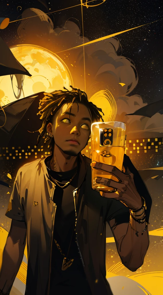 (Improve Image) (Best Quality) Juice Wrld-style art: Black man with short Dreads hair and with the color of the Dreads in half yellow and half black, landscape floating in space with jewelry and designer clothes, bracelets studded in silver and gold in anime style one piece