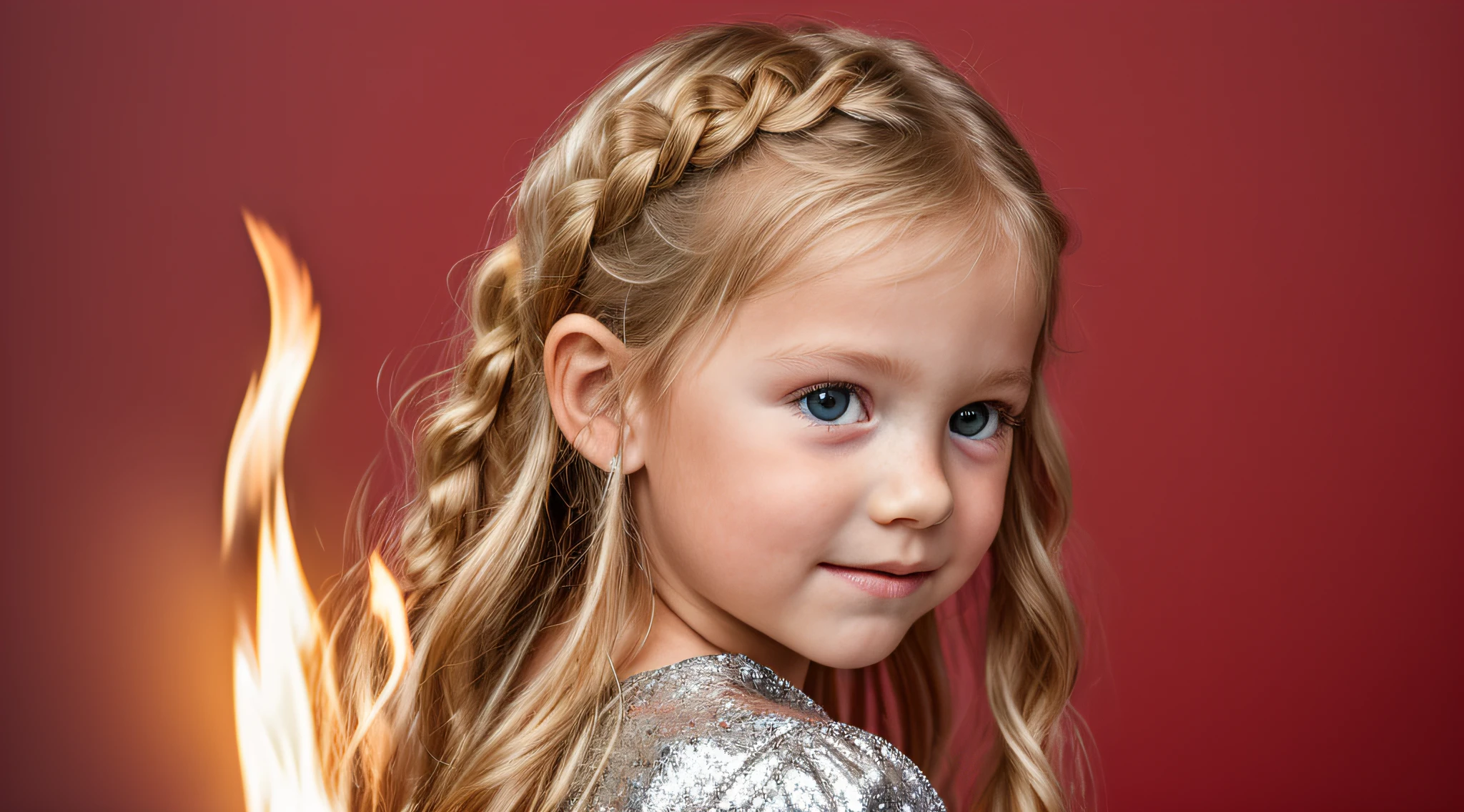 close-up CHILDREN BLONDE GIRL WITH LONG HAIR BRAIDS, em um fundo VERMELHO., usando um vestido prateado, vestido prateado e halo em chamas, Studio photo session, fundo branco.