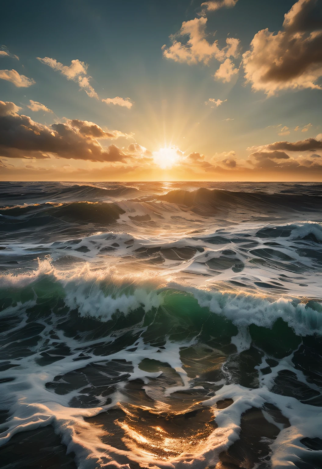 RAW Photograph, the sun is reflecting on a turbulent ocean, insane intricate detail, award winning art, raytracing, sharp focus, 8k, hdr, masterpiece, photorealistic, dslr, kodachrome, 35mm photograph, analog film, professional, highly detailed