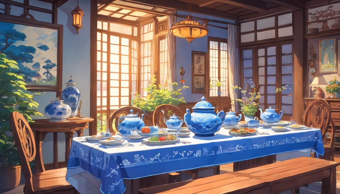 Blue and white porcelain dining table