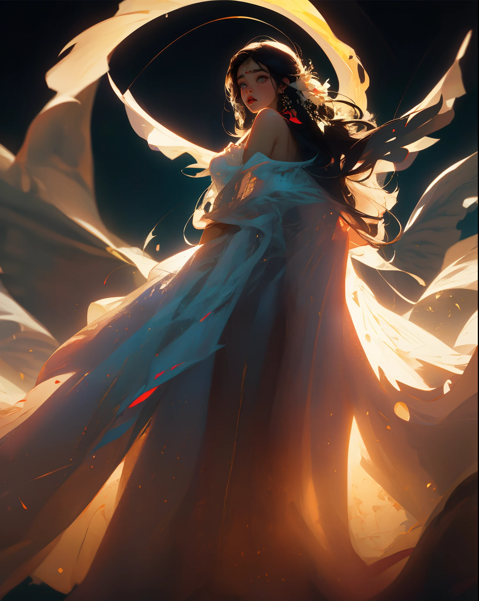 Indian girl , age 25 , cinematic, moonlight, angel dress,