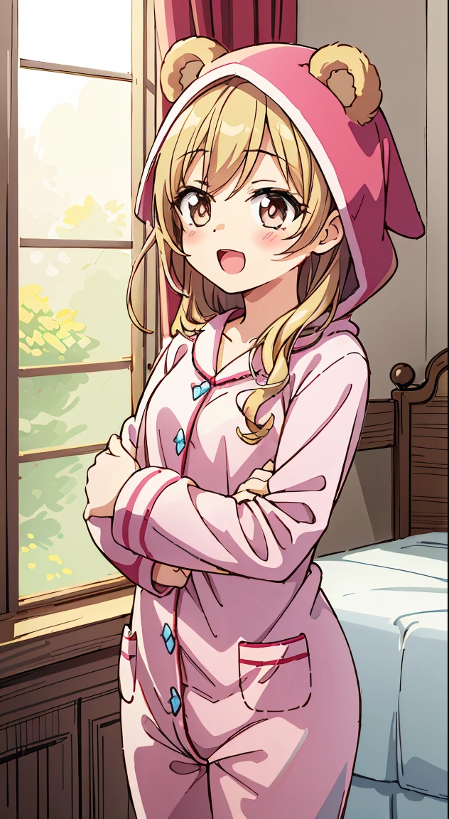 (((masutepiece, Rembrandt))), (Best Quality, photographrealistic, Hyper realistic, superfine illustration, 超A high resolution, Extremely detailed, Realistic background, Detailed background, Large_filesize:1.2),
BREAK,
1girl in, (Cute:1.5),(Chibi:0.5),(kawaii:2.0),(Lori:2.0),(7 year old girl),(Solo:1.65),BREAK, (flat chest:1.2,), Clear skin, Beautiful skin, Shy, One Beautiful Girl,(Hair Bow, reddish brown hair, Twin-tailed:1.2), (Brown eyes, long eyelashes, Double eyelids: 1.2), Shiny skin, gleaming skin,Clear skin, Beautiful skin,( A smile:1.5), Solo,gleaming skin, Clear skin, Beautiful skin(best quality face),(Top quality glowing eyes), Sleepy face, BREAK (Pink Theme:1.4), (Vivid colors:1.3), (bear ear hooded pajamas:1.45), hugging a teddy bear, Sparkle effect, random colored petals, Many petals, Fluttering petals, prismatic effects,
BREAK,(morning), inside in room,Gothic bedroom, a canopy bed,huge window,naked girl poster,coke,on back, tusk, Open mouth, Looking away,depth of fields,
BREAK,wakame,wakame,wakame,(Cowboy Shot:1.4),
BREAK,(Blurry background:1.3),(absurderes, hight resolution, Super Detail Art),cel shading,Clear Color, Lonely optical effect, Beautiful pictures, Bright glow, mystic atmosphere,(Close-up of girl:1.1), Mystical light particle effect,manga influence, clean line drawings,