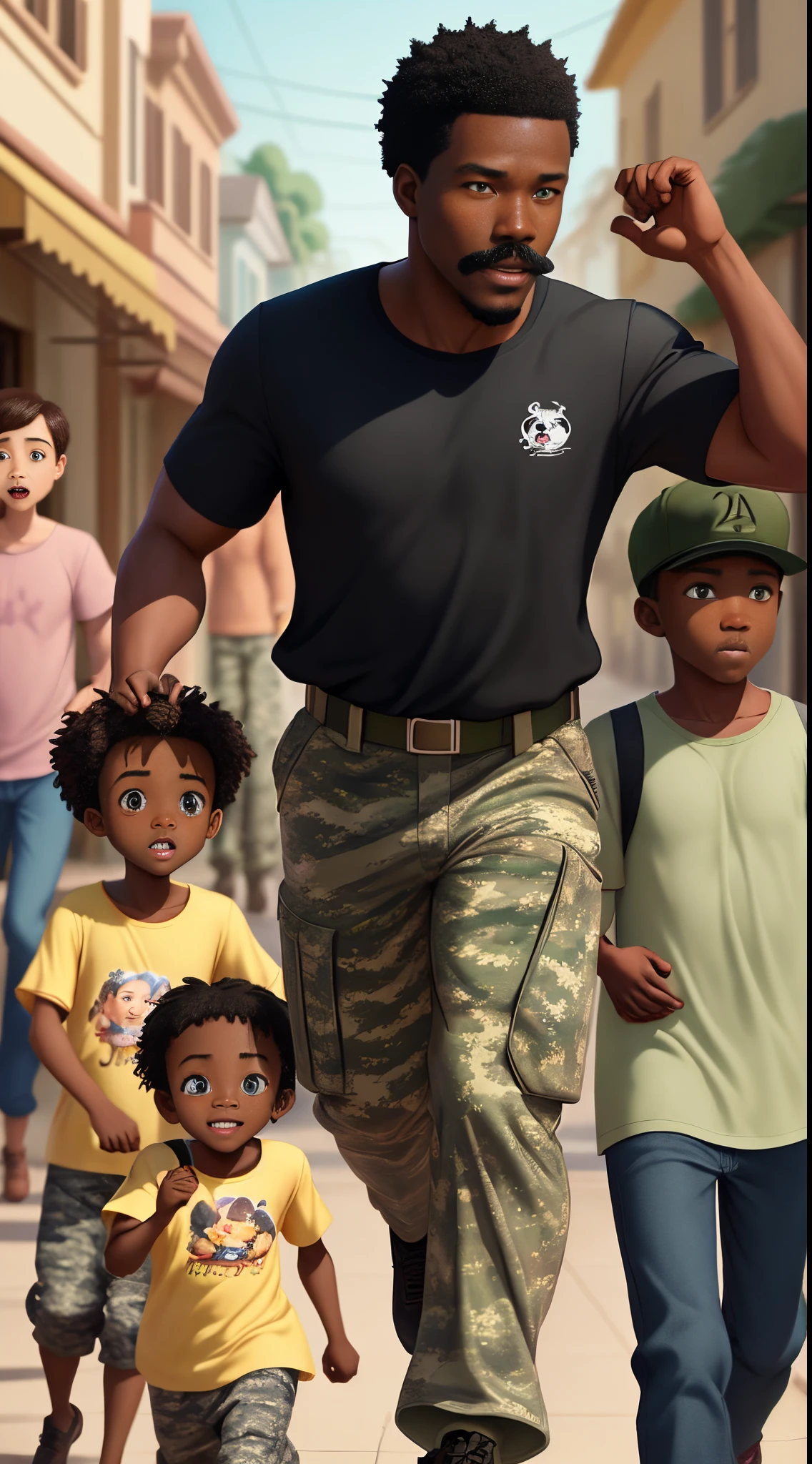 Disney Pixar animated movie poster titled “Kony 2012” with a black man with a mustache and some black male children all wearing camouflage clothing
