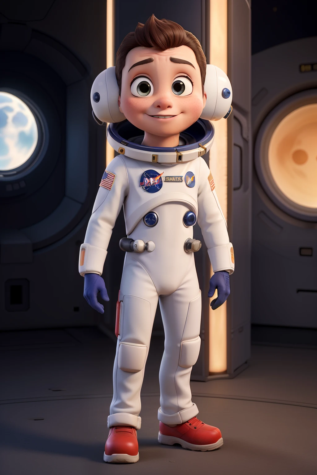 a white child, South American, curly hair, curly hair, white skin, next to the shark character from NETFLIX, wears a spacesuit, white background, barnet, toon, pixar style, 3d, cartoon, detailed face, asymmetrical 16k