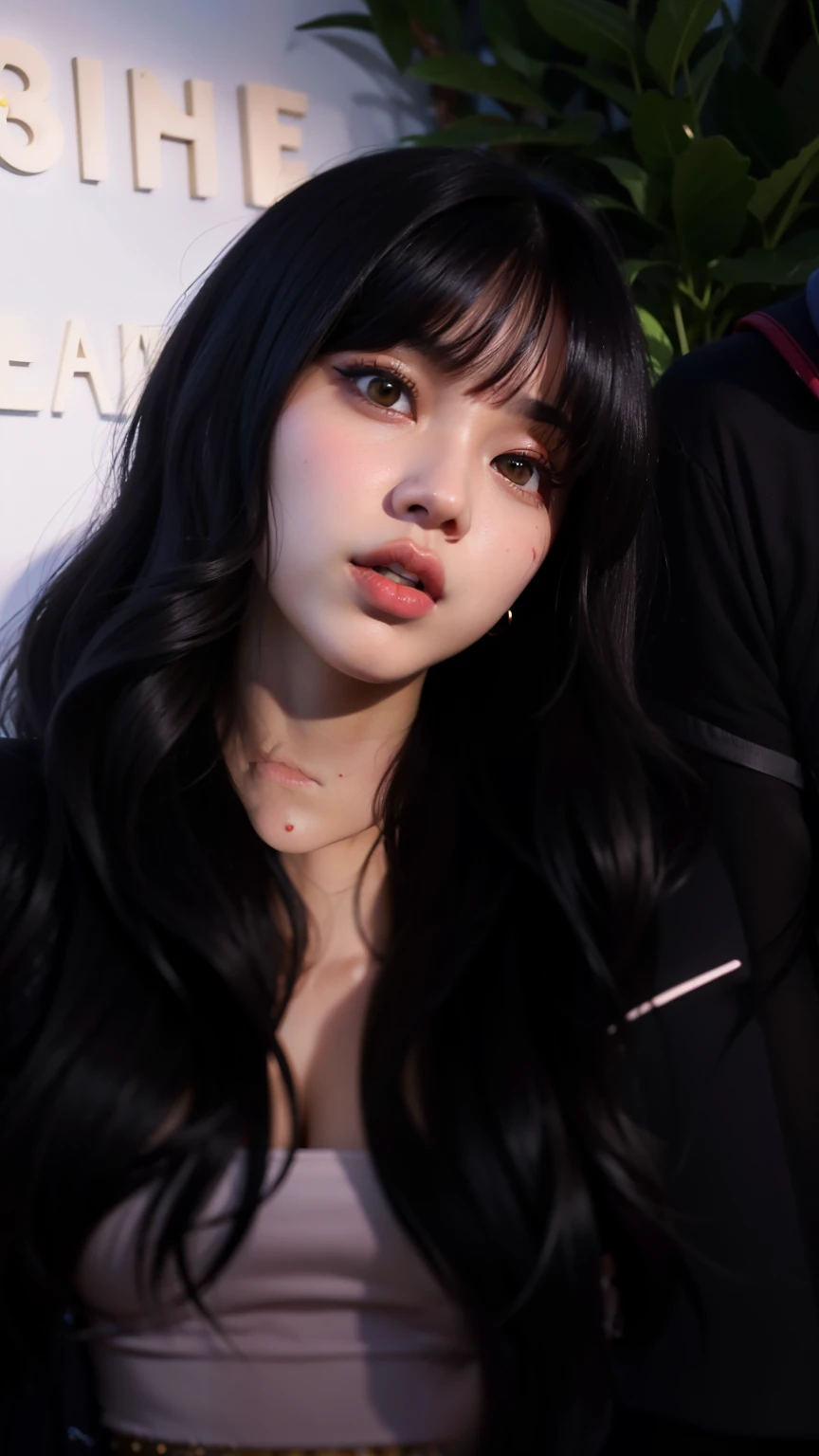 um close up de uma mulher com longos cabelos pretos e um vestido, Ela tem cabelo preto com franja, com franja, cabelo preto e franja branca, com franja completa, franja central separada, Lalisa Manobal, Lalisa Manoban do Blackpink, franja preta, franja preta, lisa Manobal do Blackpink