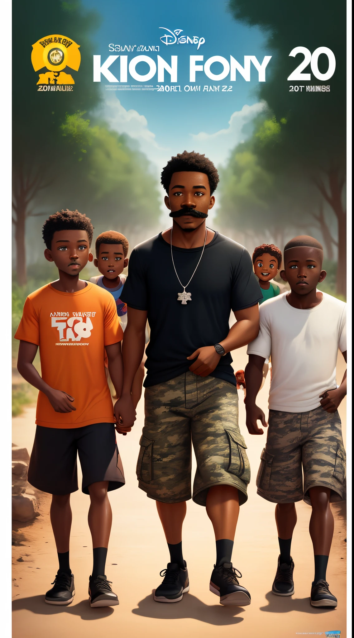 Disney Pixar animated movie poster titled “Kony 2012” with a black man with a mustache and some black male children all wearing camouflage clothing