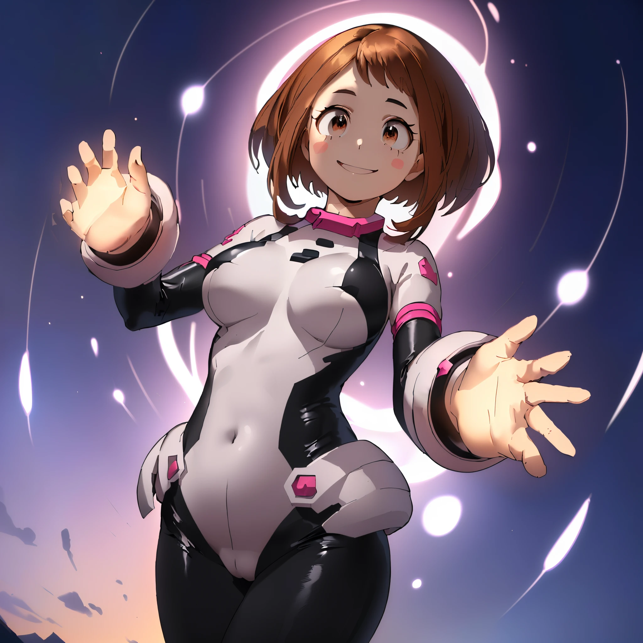 masuter piece, Best Quality, 超A high resolution, Anime style, The best lighting, Beautiful face, ​masterpiece、top-quality、ultra-detailliert、细致背景、1girl in、独奏、A smile、Ochako Uraraka、looking at the viewers、large full breasts, light pink and black suit, Pink armor on the waist, armor around the neck