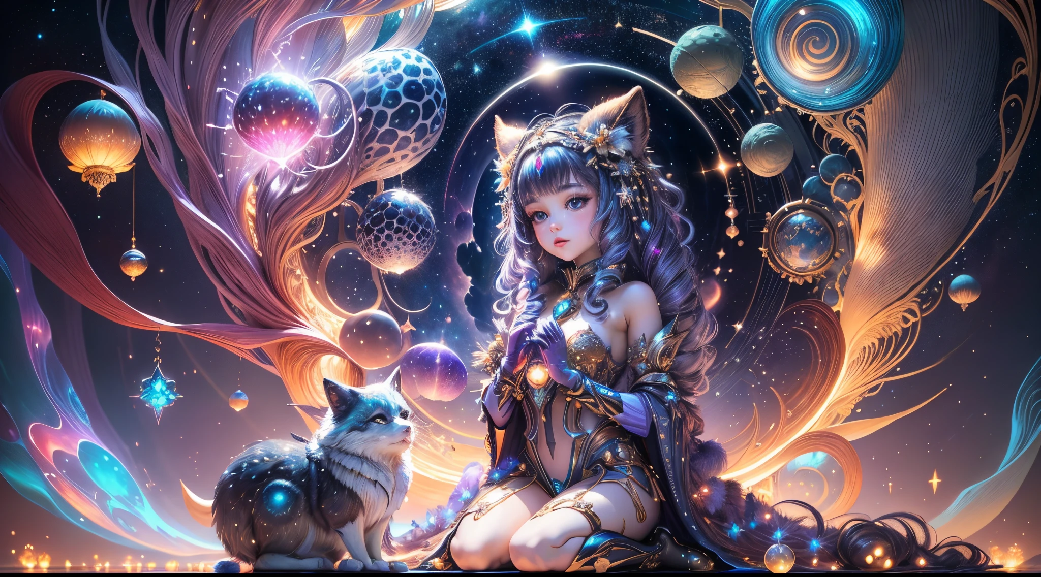 angle of view,close-up,blue-cosmos, 1girl chatting with cat,cats,purple hair, red-eyes,masterpiece,best qualityIn the vast expanse of the cosmos, a galactic ballet unfolded, where swirling nebulae performed a sentient dance. Amidst the celestial symphony, a harmonious paradox emerged—a stable diffusion of colors and energies that painted the cosmic canvas with breathtaking serenity.