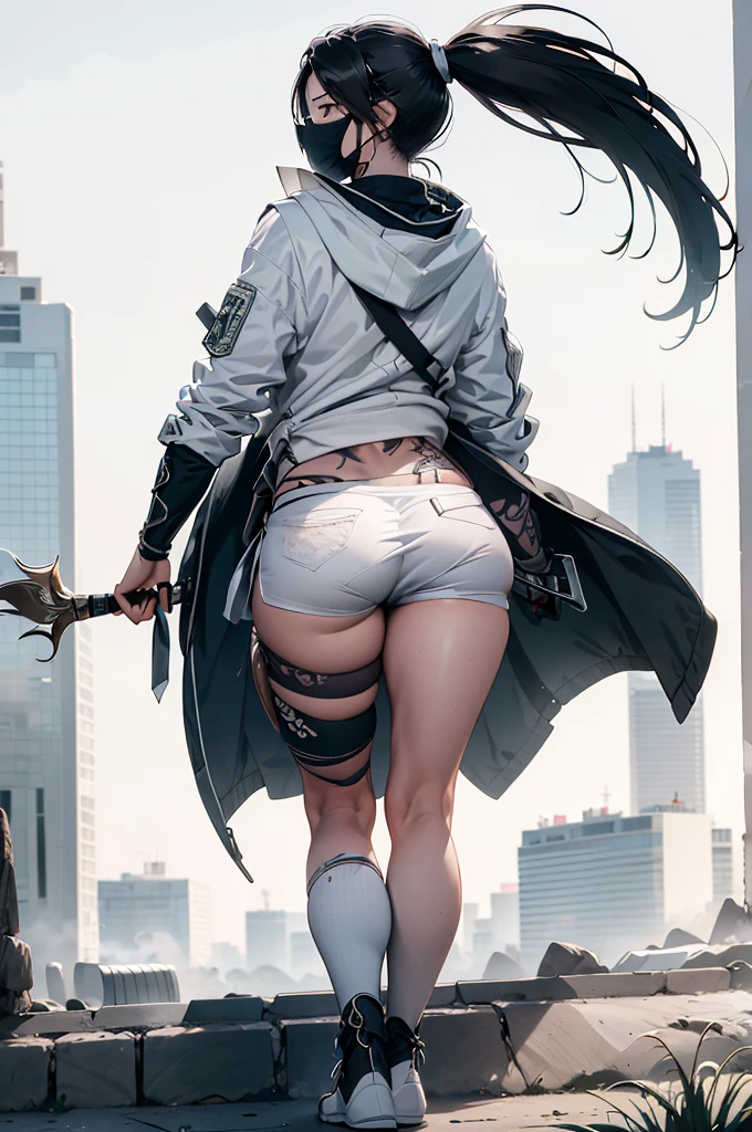 (Best quality at best,4k,8k,A high resolution,tmasterpiece:1.2),smoke background, Akali, 1 agitada, Longas_a manga,Capuz Branco,short white pants,,Tattoos are , Eterno, cheio_corpo, arma,highrise,Punhais,,Botas Brancas, Leucorrhoea,white mask,esportes ao ar livre,Buildings
