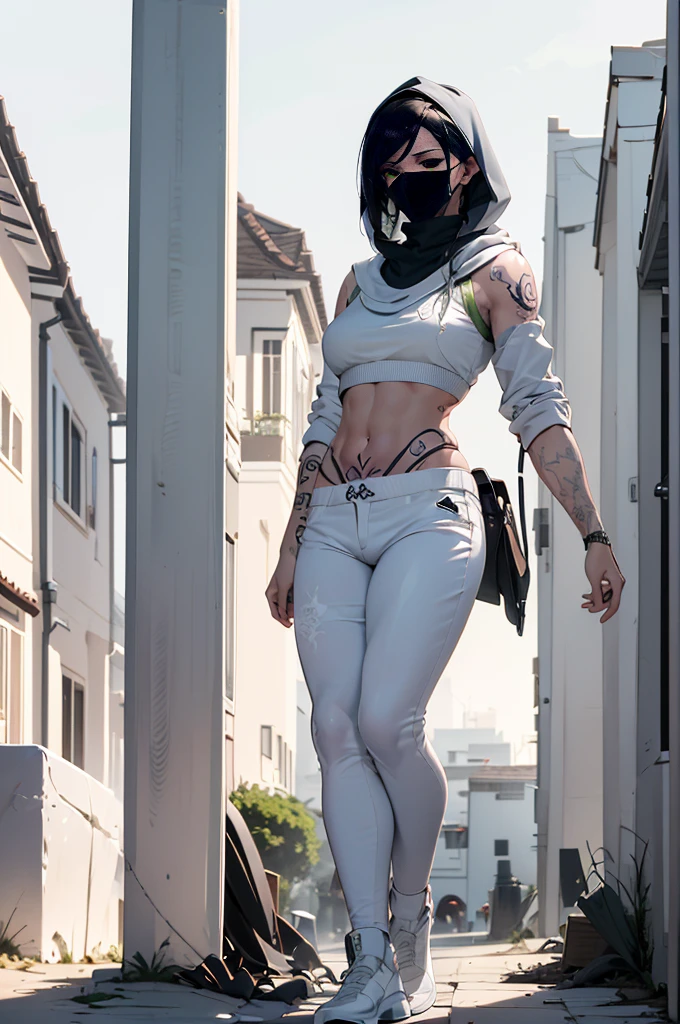 (Best quality at best,4k,8k,A high resolution,tmasterpiece:1.2),smoke background, Akali, 1 menina agitada, Longas_a manga,Capuz Branco,short white pants,,Tattoos are , Eterno, cheio_corpo, arma,highrise,Punhais,,Botas Brancas, Leucorrhoea,white mask,esportes ao ar livre,Buildings