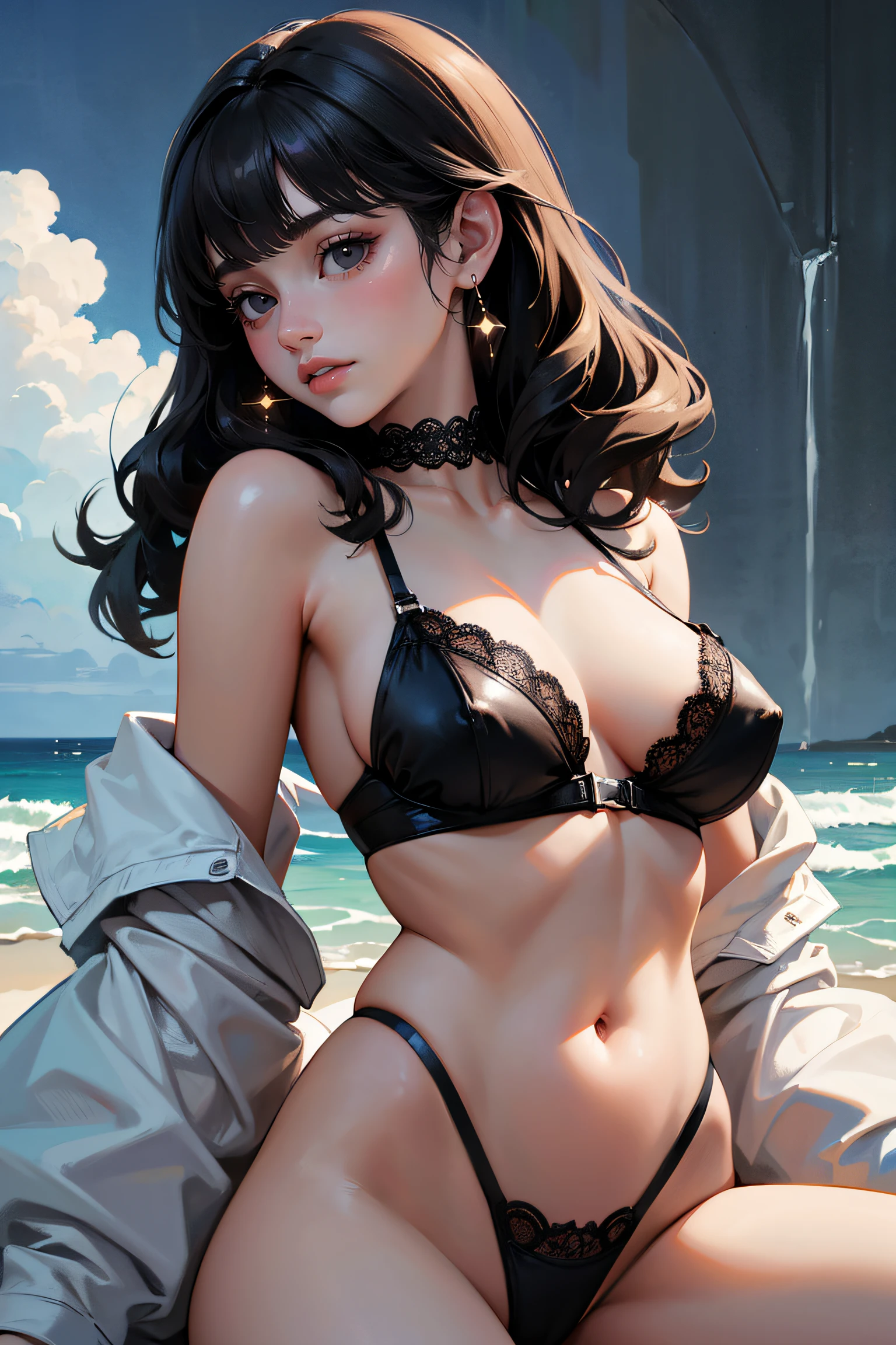 babes , , Black hair , Black eyes , Highleg lingerie , NSFW (New South Wales) (New South Wales) , wave perm, masterpiece , Highest Quality , Masterpieces , realisitic: , portrait of a ,