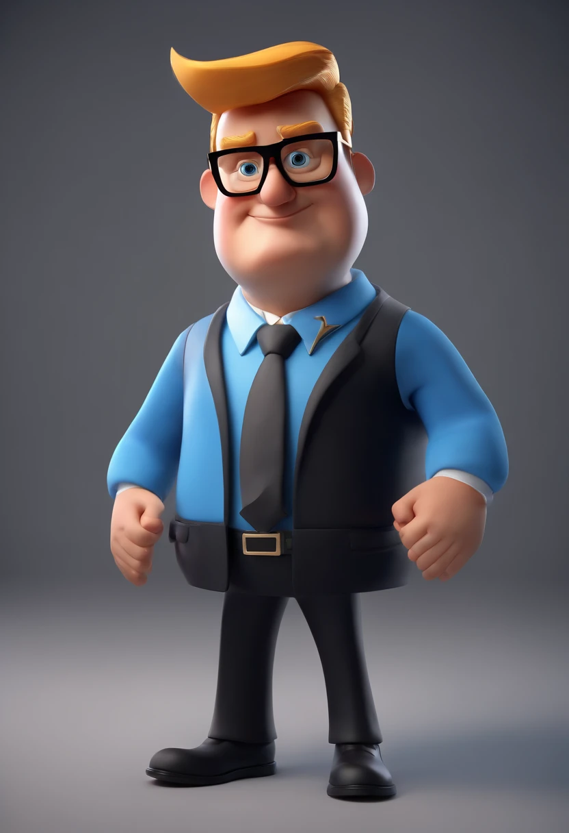 Cartoon character man in black glasses and blue shirt, Animated Character, stylized character, animation style render, Стилизованный 3D, Render of Donald Trump, 3 d render stylized, Cartoon render Keyshot, 3D-персонаж, 3D-персонаж, 3d rendering stylized, 3D character rendering, Cartoon character, character close up, Character pose, (Estilo Pixar) (Master Part:1.2) (bokeh) (Best Quality) (detailed skin) (detailed texture) (8K) (clay) (Cinematic lighting) (Sharp focus,Sits and hollows out the upper body