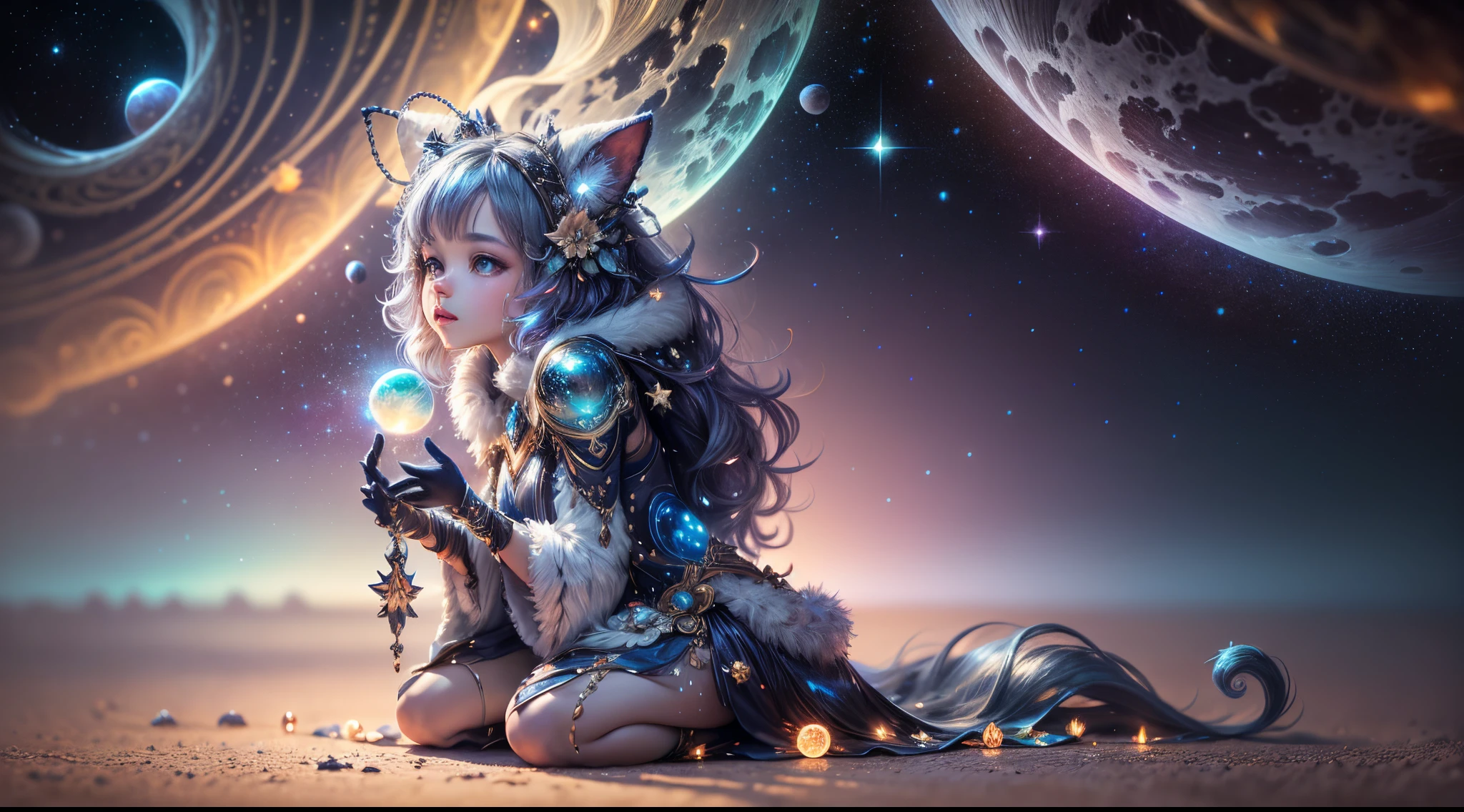 "Girl from the stars, (shimmering fur), celestial antennae, shell of wonder, planetary dreamscape, (cosmic enchantment), surreal artistry, vibrant and alien palette",kneeling, wide shot, f/1.8, bokeh