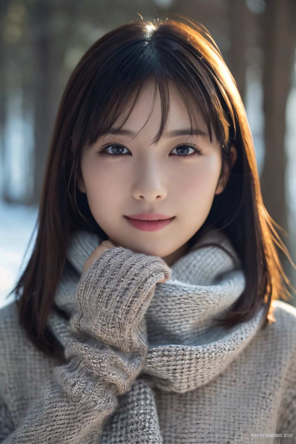 1girl in, (Wear winter clothes:1.2), (Raw photo, Best Quality), (Realistic, Photorealsitic:1.4), masutepiece, Extremely delicate and beautiful, Extremely detailed, 2k wallpaper, amazing, finely detail, the Extremely Detailed CG Unity 8K Wallpapers, Ultra-detailed, hight resolution, Soft light, Beautiful detailed girl, extremely detailed eye and face, beautiful detailed nose, Beautiful detailed eyes, Cinematic lighting, Winter scene, Perfect Anatomy, Slender body, Taut, 
Straight semi-long hair, Bangs, Looking at Viewer, A slight smil