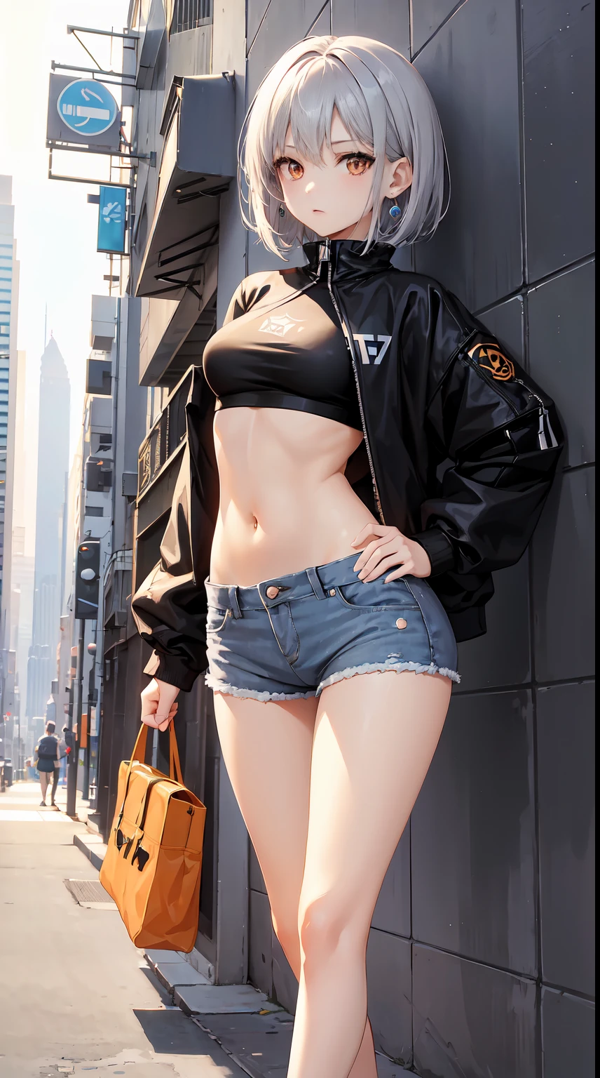 Israeli, 1girl, anime style, skinny body, Anime girl wearing crop top with jacket, shorts jeans, light grey short hair, orange eyes colour, pose picture of her sexy pose, straight on street of New York Tower, anime art wallpaper, detailed, 8k, high quality, skinny