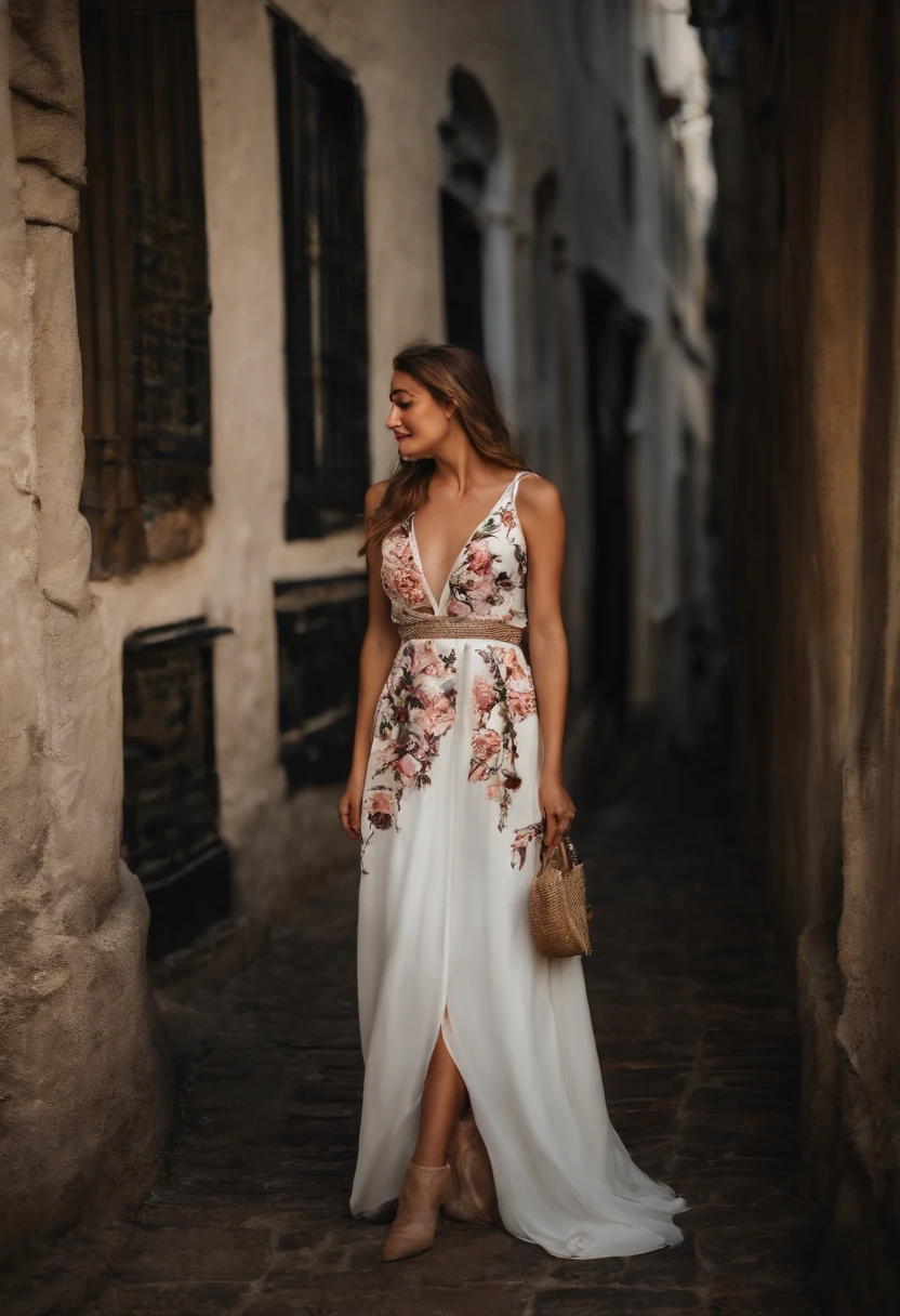 Mujer inglesa con un vestido blanco caminando por una calle, vestida con un vestido de flores lilas, Llevar un vestido de verano, flirty, con un lindo vestido blanco, hermoso vestido sedoso, con un vestido elegante, bolso de cuero negro, Vestido de verano, Mujer linda, romantic dress, chica con un vestido, vestido de seda suave, vestido de seda, vestido abierto, vestido de flores, vestido florido