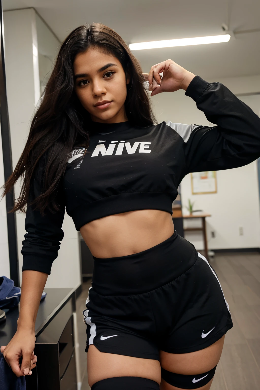 jovem brasileira cabelo preto na academia com roupa da nike