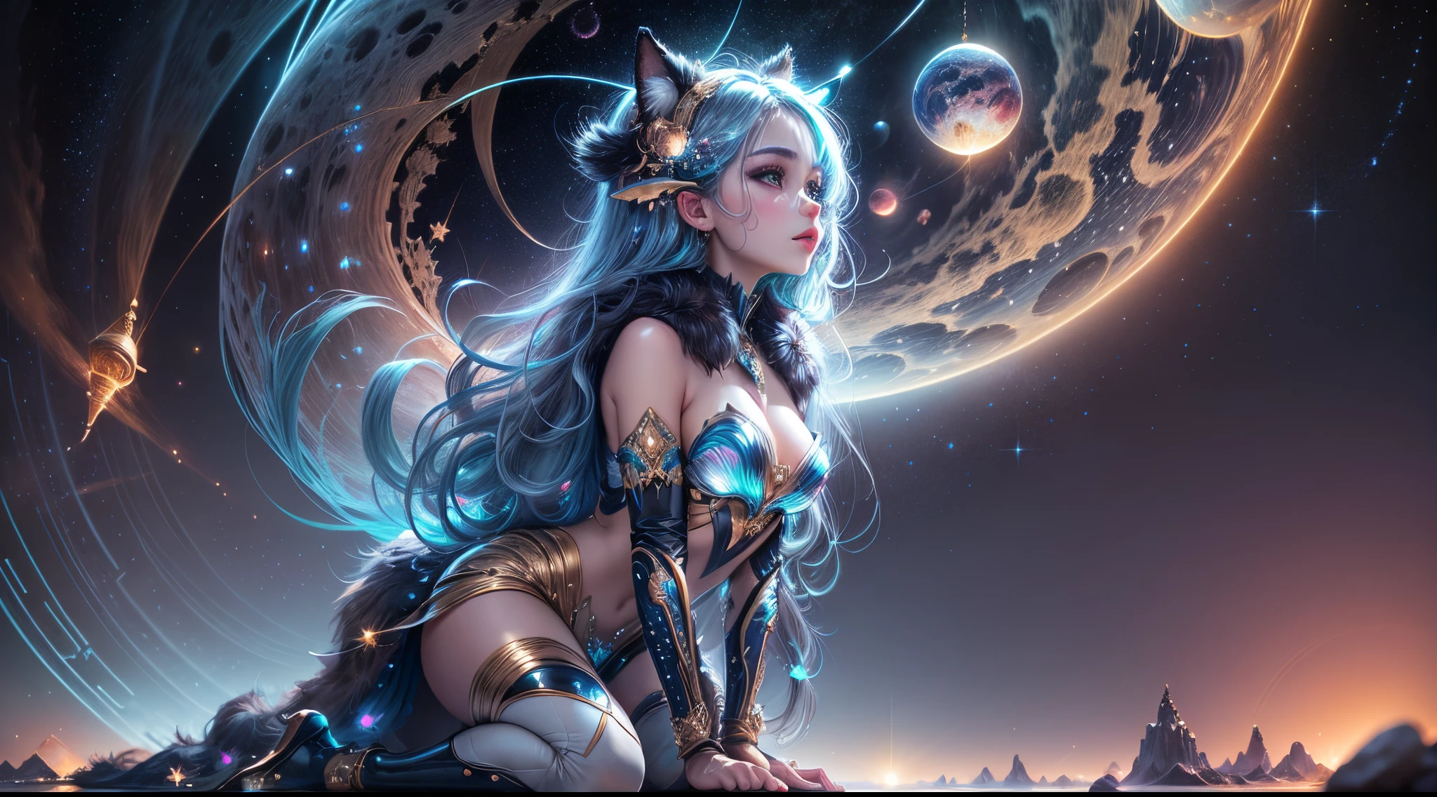 "Girl from the stars, (shimmering fur), celestial antennae, shell of wonder, planetary dreamscape, (cosmic enchantment), surreal artistry, vibrant and alien palette",kneeling, wide shot, f/1.8, bokeh