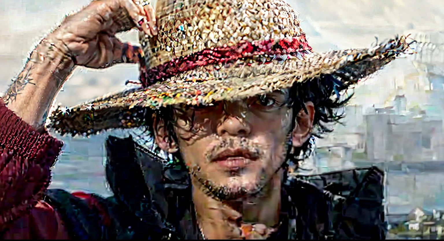 boy with straw hat red jumper black cloak black hair and sky background