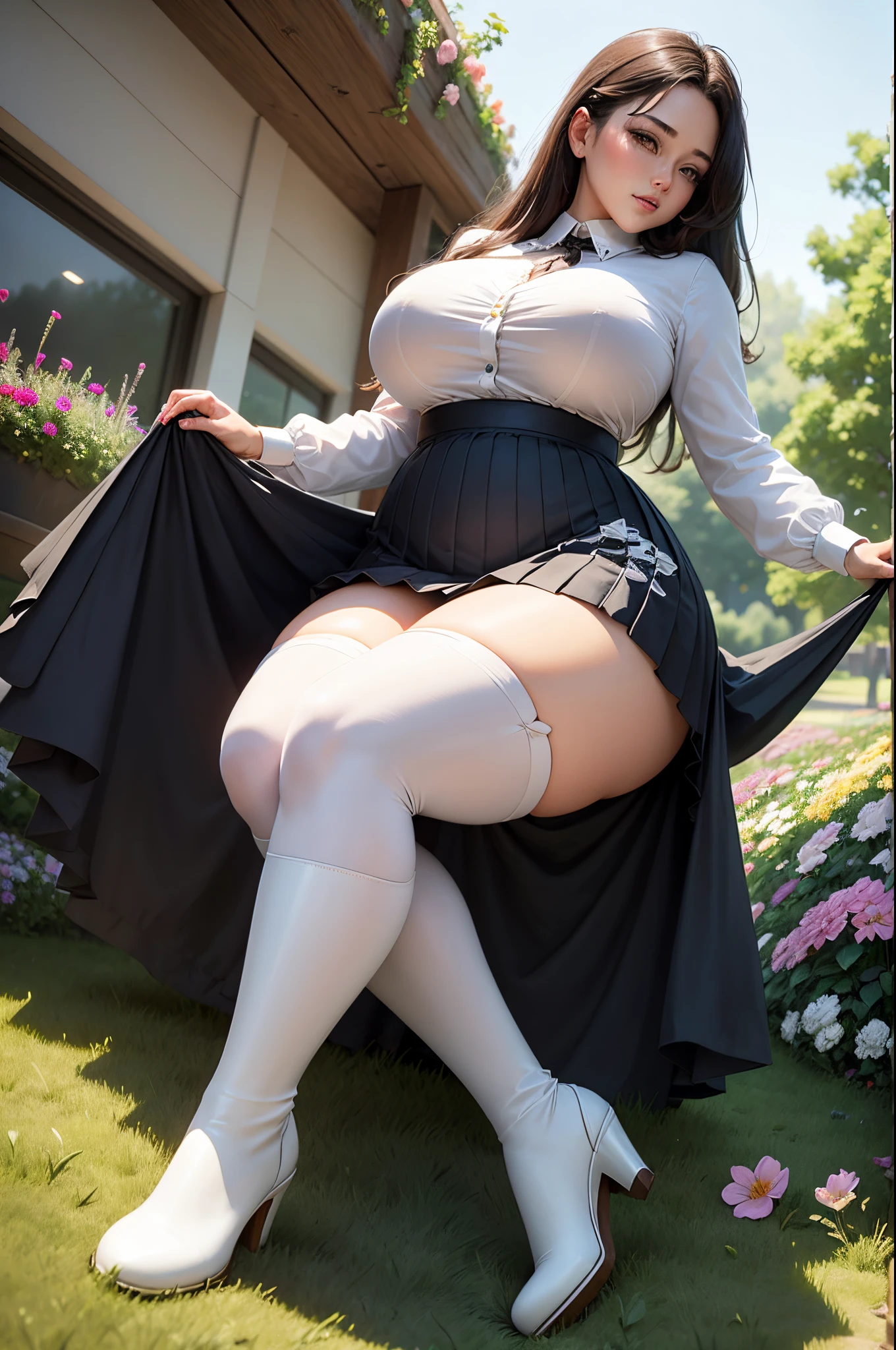 30 years old woman seen from below, full voluptuous body, detailed long thick legs, detailed big breasts, wearing shirt and pleated skirt, long white boots, in a night place full of flowers and plants, long grass, stepping on the grass.