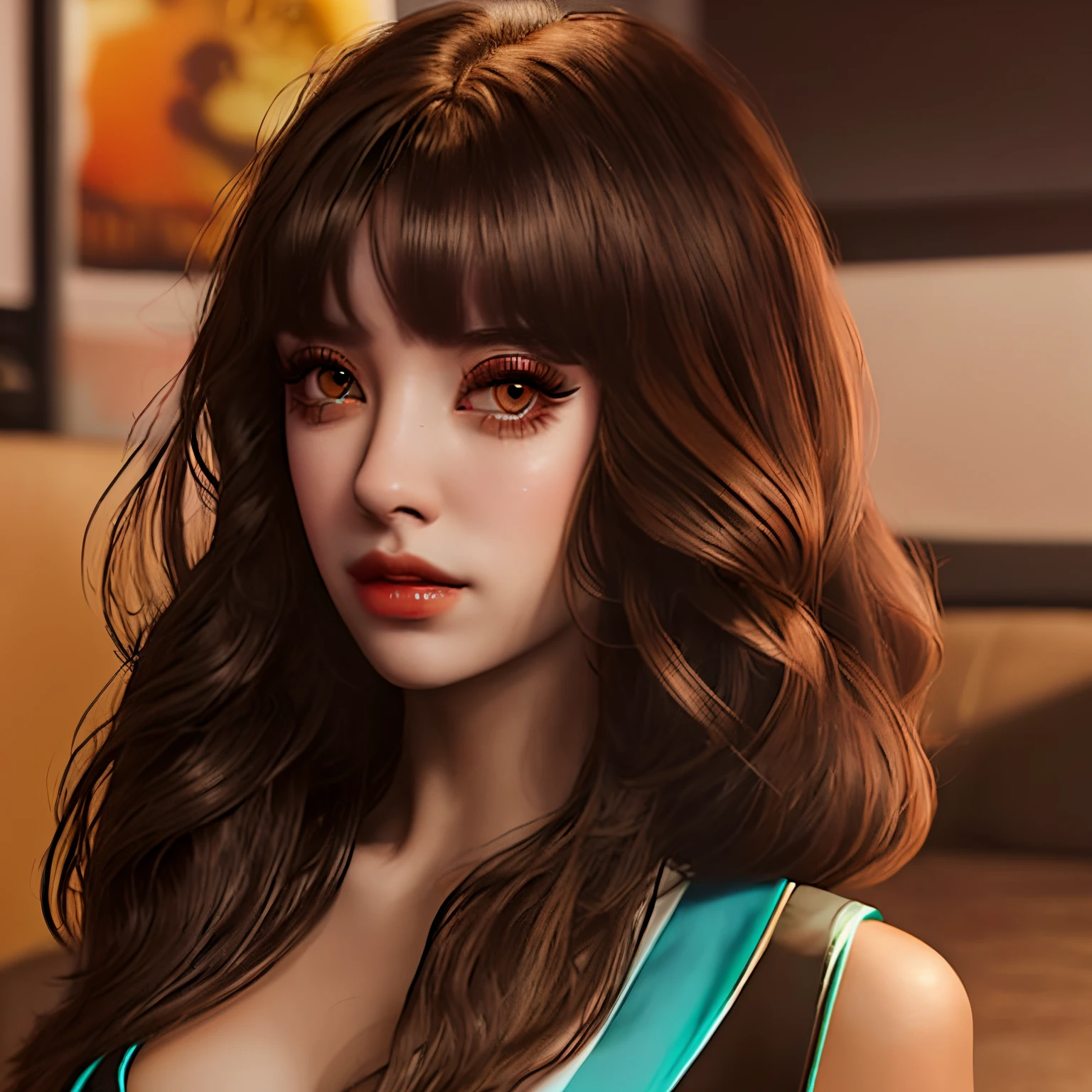 Fortnite girl, short black hair with bangs and long false eyelashes brown eyes big boobs and hair framing her face