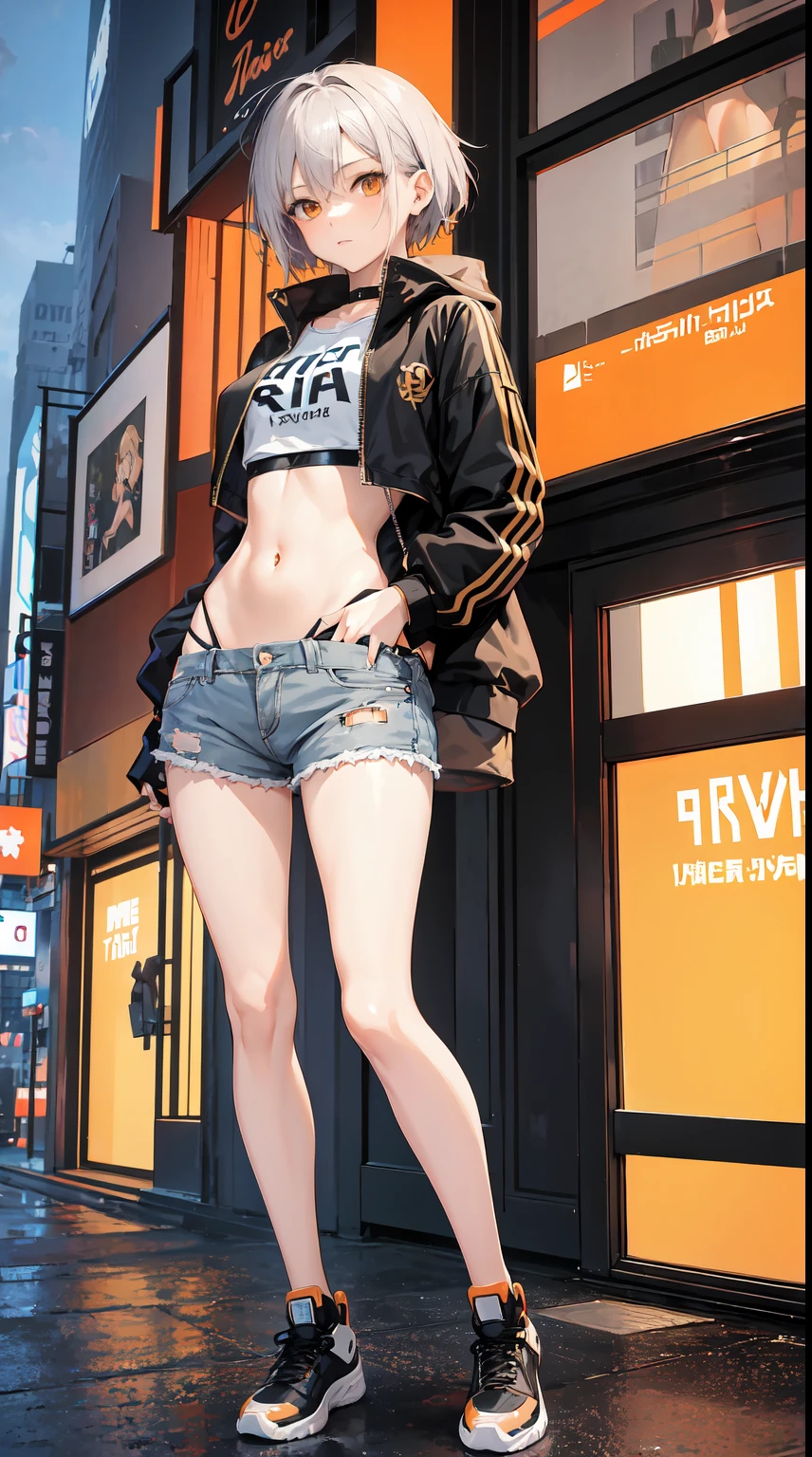 Boutique,best quality,Gold jewelry,(slip out feet),Fairy skin,(Fidelity :1.2),Standing,Super Detailed,realistic,High quality,Movie Light,Ray tracking,Ultra HD,Upper body
Girl in shorts and jacket standing next to giant robot，Guweiz style artwork，Cyberpunk mech，Trends on CGiStations，guweiz，Russell Dongjun Lu，digital cyberpunk anime art，ross tran 8 k，Guweiz on ArtStation Pixiv ，Mecha network armor girl，Large breasts，cleavage