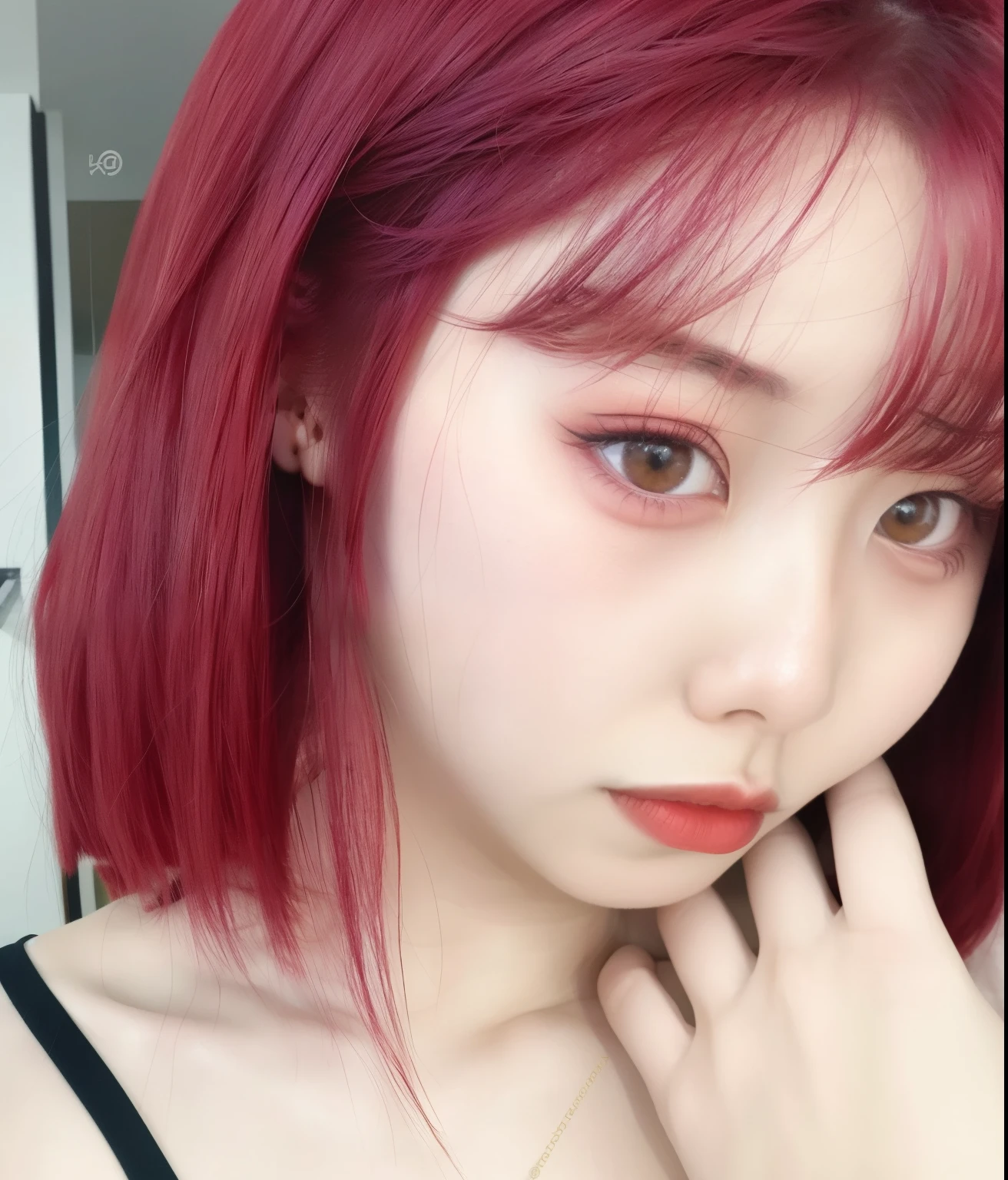 Un primer plano de una mujer pelirroja y un collar, Sun Yunjoo, Estilo de color Aya Takano, color rojo, crimson red hair and red eyes, ulzzang, pale red, color rojo, Bright crimson head, Estilo de color rosa y rojo, crimson hair, Chiho, con el pelo corto, con el pelo rojo, heejin de loona