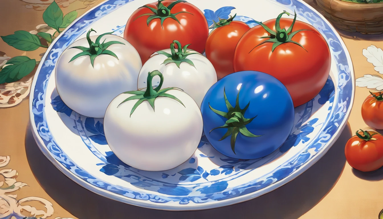 Blue and white porcelain tomatoes
