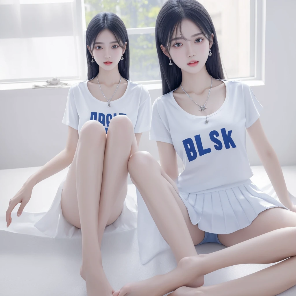 master piece ultra high resolution ultra detailed 8K 16K best quality 1girl barefoot barelegs school girl shiny peal white skin white skin detailed face and skin texture Detailed eyes, top school t shirt(white) under mini skirt(dark blue) necklace earring