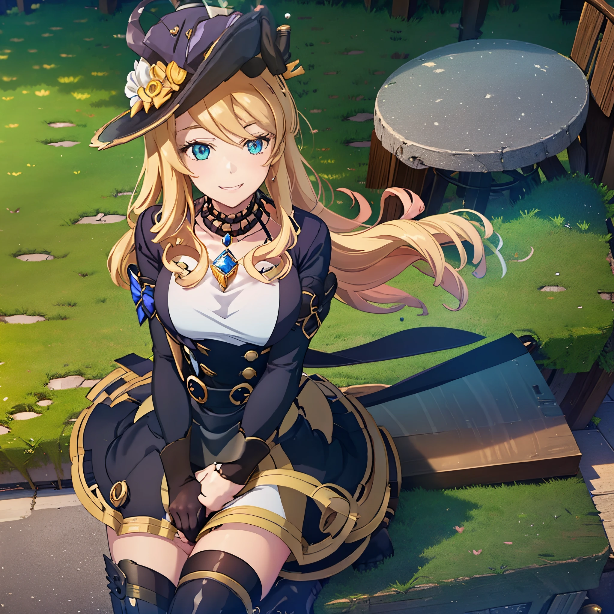 1girl, navia \(genshin impact\), hat, thigh boots, detached sleeves, single glove, strapless dress, detached collar, waist cape, necklace, jewelry, looking at viewer, smile, cowboy shot, sitting, garden, outdoors, depth of field, table, chair, macaron, cake