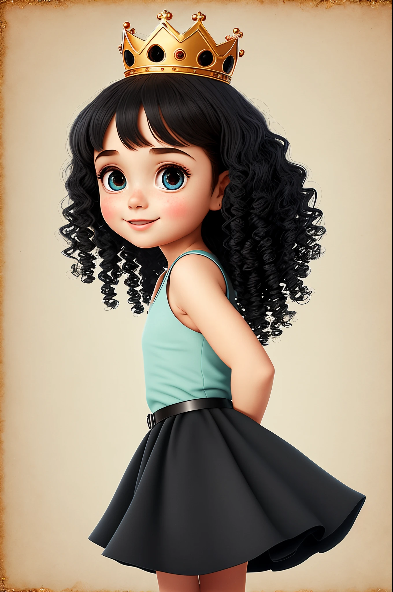 Pixar inspired 3d poster capturing a scene with a 7 or 8  girl with friendly expression long black curly hair and fair skin big eyes and princess dress and on a plain background