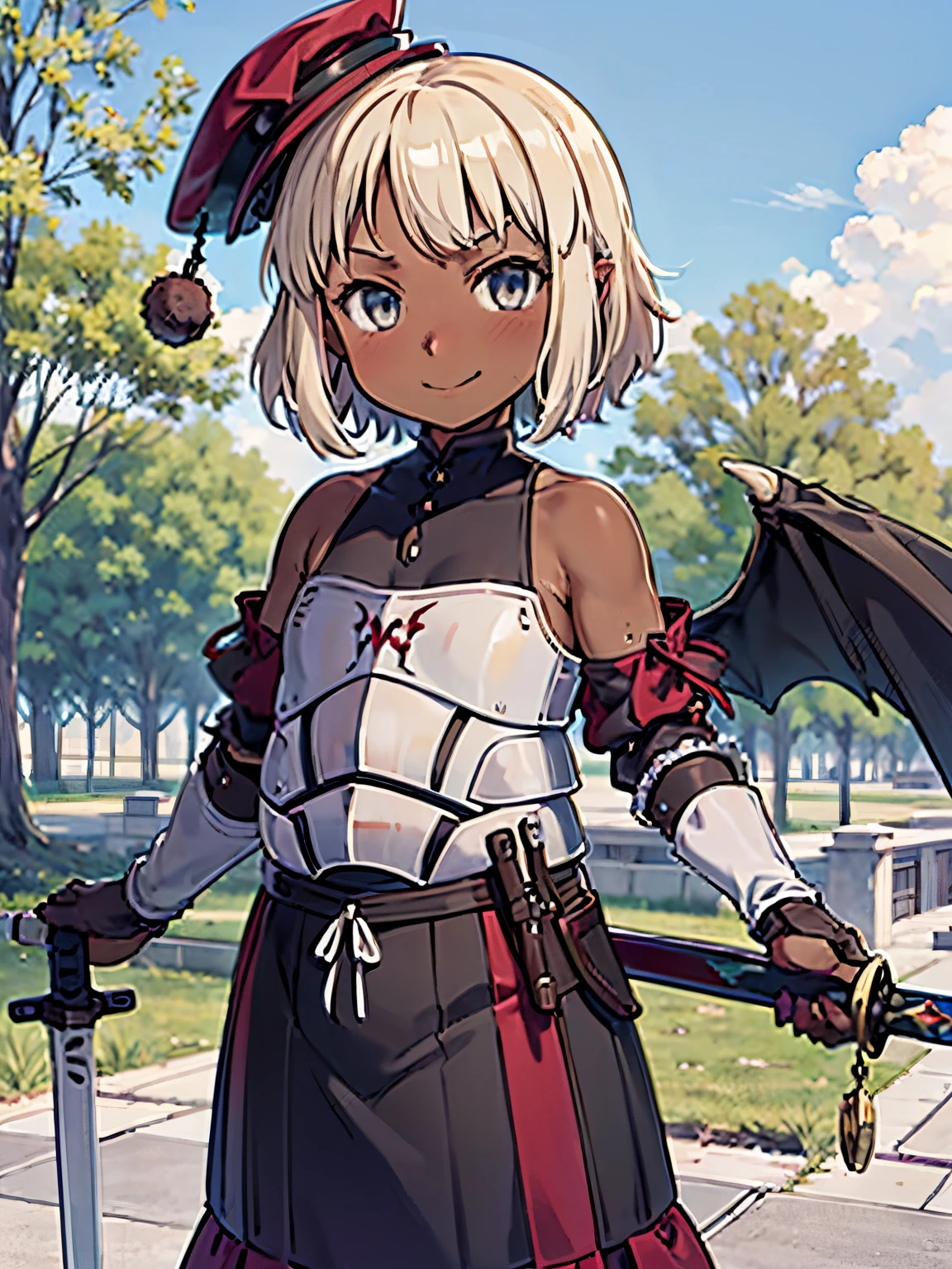 (Loli:1.8), Landsknecht, light armor, hat, sword, skirt, dark skin, tan, grey eyes, black angel wings, fallen angel, evil smile, outdoors, cowboyshot, plump, short, brown skin, dark skin, nsfw, evil girn, evil smirk, short hair