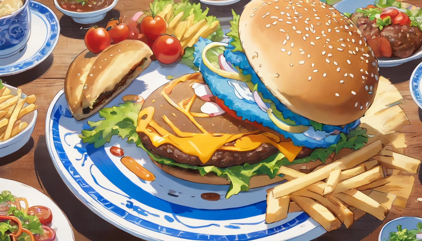 Blue and white porcelain hamburger