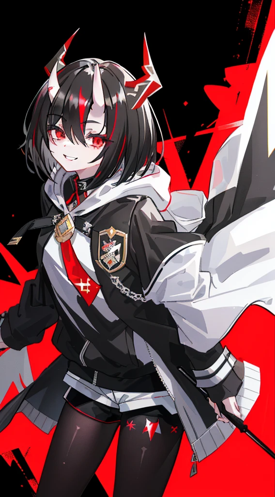 tmasterpiece, beste-Qualit, Maximum Quality, best work, (hair above the eyes:1.3), (Without eyes:1.3), black hair, covered eyes, Bob haircut, predatory smile, sharp teeth, clothing black jacket with hood, Short shorts, white pantyhose ,very detail, The legs are extremely detailed, the body is very detailed, Full-length, Horns