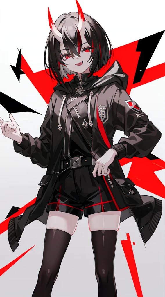 tmasterpiece, beste-Qualit, Maximum Quality, best work, (hair above the eyes:1.3), (Without eyes:1.3), black hair, covered eyes, Bob haircut, predatory smile, sharp teeth, clothing black jacket with hood, Short shorts, white pantyhose ,very detail, The legs are extremely detailed, the body is very detailed, Full-length, Horns