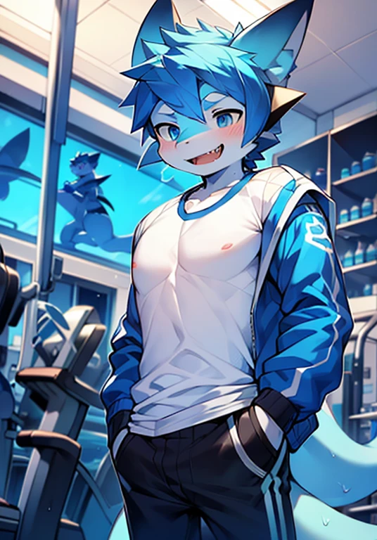 male, shark, , Blue hair, blue eyes, endearing smile, Shows teeth, blue jacket, white  shirt, polished, 4k, in the gym, very sweaty, heavy breathing, Showing tits through a wet shirt, hands in pocket, small boobs, small ears