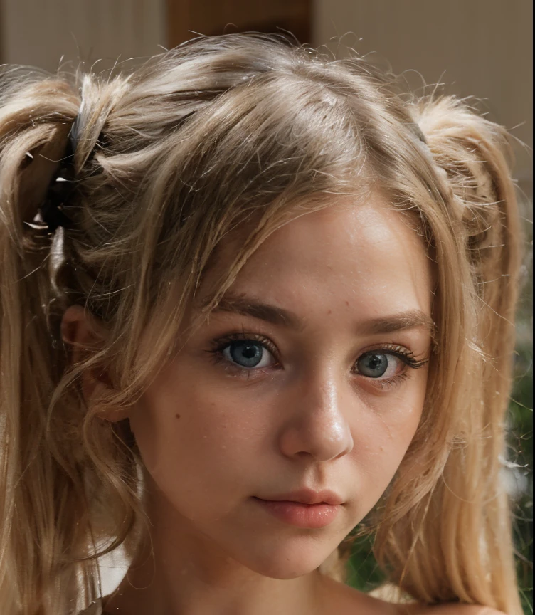 Symmetrical, High Detail RAW Color Photo Professional Photo, [:( High Detail Face: 1.2): 0.1], chloe grace moretz, pores, real skin, large breast focus, shining eyes, looking at the audience, shadow, bloom, natural lighting, hard focus, film grain, photographed with a Sony a9 II Mirrorless Camera, realistic, post-processing, maximum detail, beautiful thin blonde teen, large perky breasts, full body picture, panties, pig tails