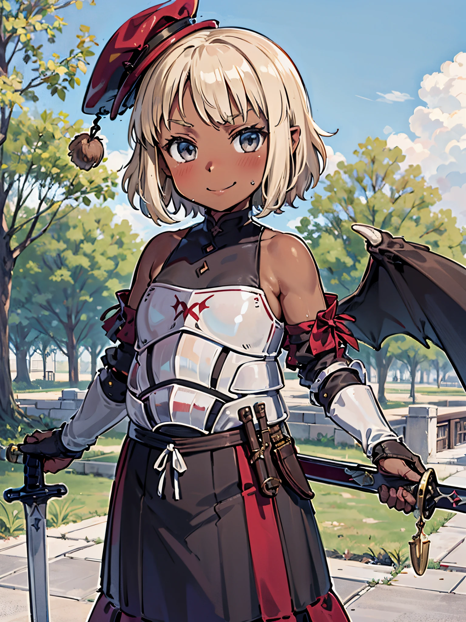 (Loli:1.8), Landsknecht, light armor, hat, sword, skirt, dark skin, tan, grey eyes, black angel wings, fallen angel, evil smile, outdoors, cowboyshot, plump, short, brown skin, dark skin, nsfw, evil girn, evil smirk, short hair