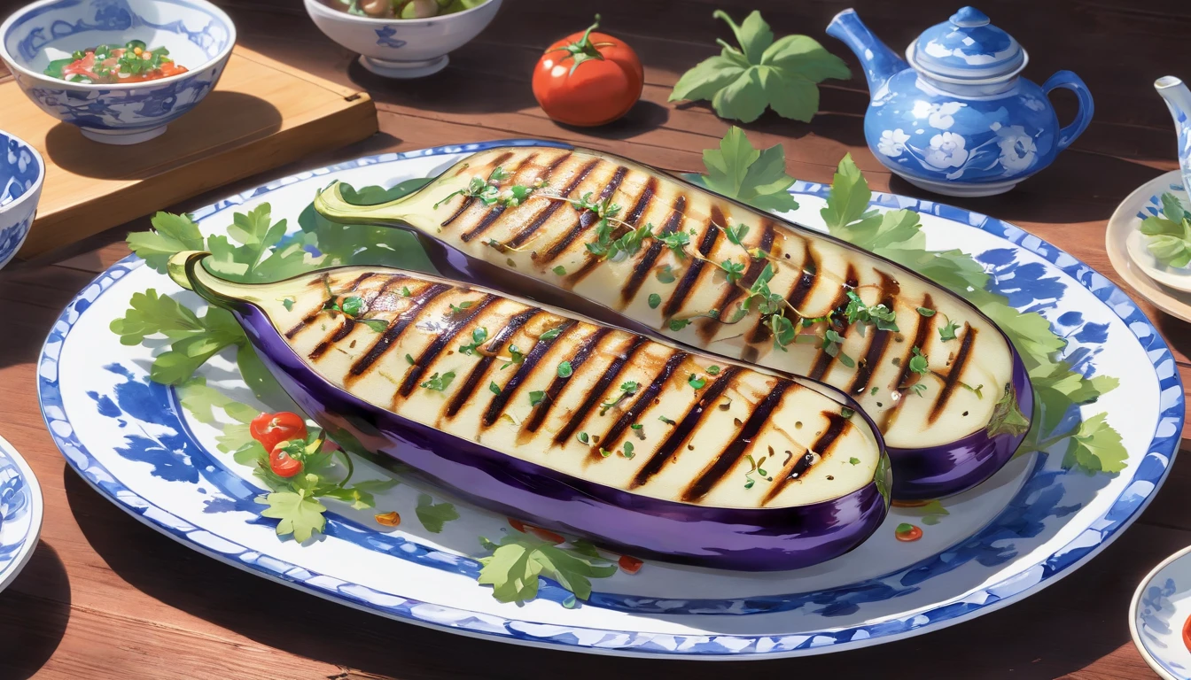 Blue and white porcelain grilled eggplant