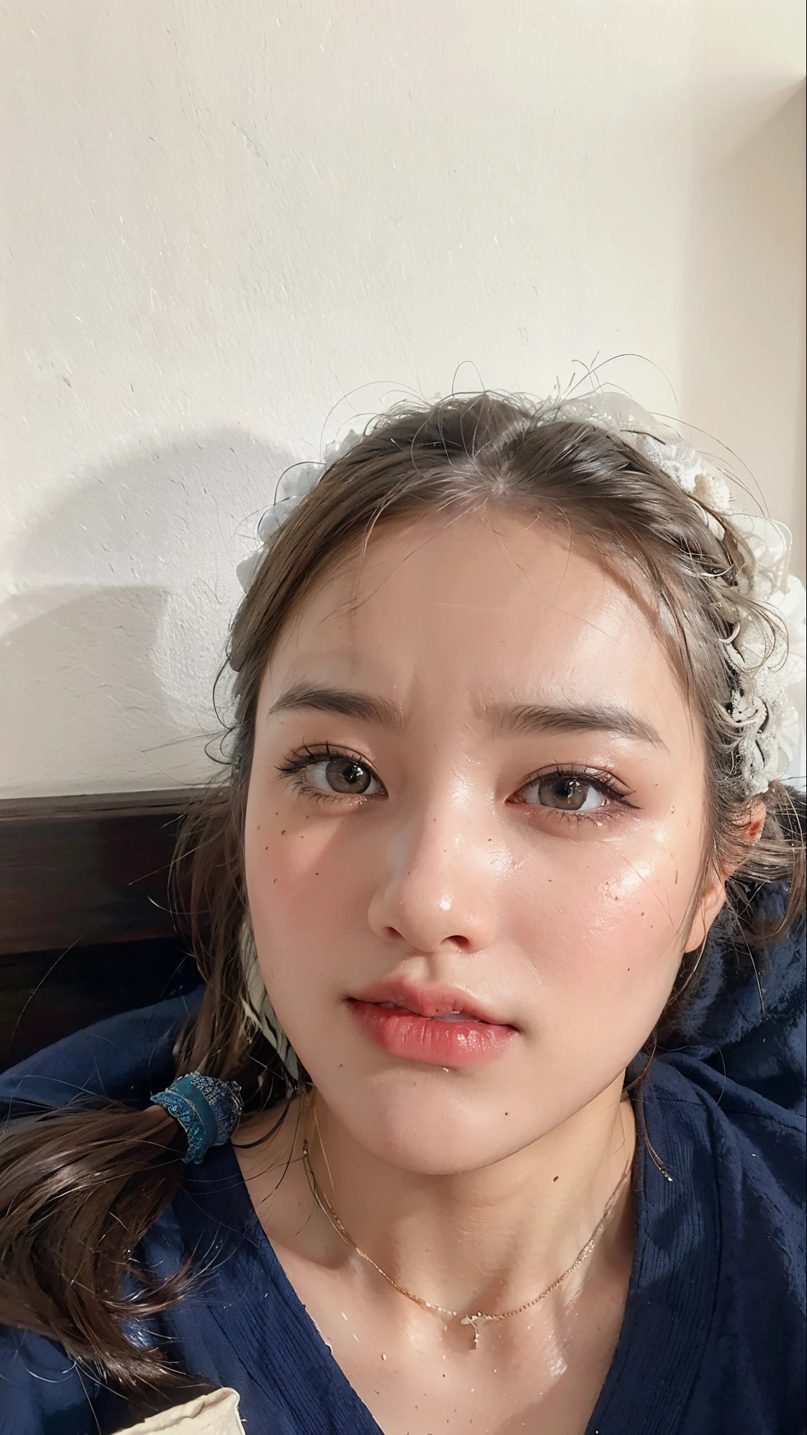 Best quality,masterpiece,ultra high res,(photorealistic:1.4),raw photo,(Authentic skin texture:1.3),(film grain:1.3),panorama,character portrait,very wide shot,narrow waist,cowboy shot,(in the dark, deep shadow, low key, cold light,) night,close-up,streaming tears,
indoor,dust,Tyndall effect,sad,disappointed,gloom (expression),sitting,(against wall),crying,frown,(head bowed),nervous,tearing up,lonely,
1girl,beautiful detailed eyes and face,white jabot,off shoulder,brown eyes,