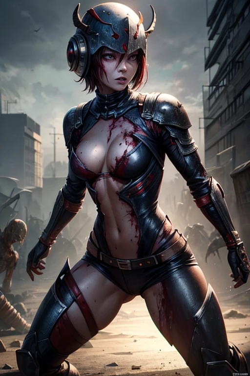 1 sexy post apocalyptic Cyberpunk girl, close up cowboy shot, big breasts, ((tattoos on (breasts))), ((skin smeared with dirt, ((oil)) and blood stains)), wound on body, arms and shoulders covered with rusted metal armor, detailed angry Asian face, slave collar and chain around neck, (NSFW), futuristic, mechanical aesthetics, complex machinery, high-tech futuristic (ruined post apocalyptic) Cyberpunk city in the background, virtual engine 5, cinematic lighting.