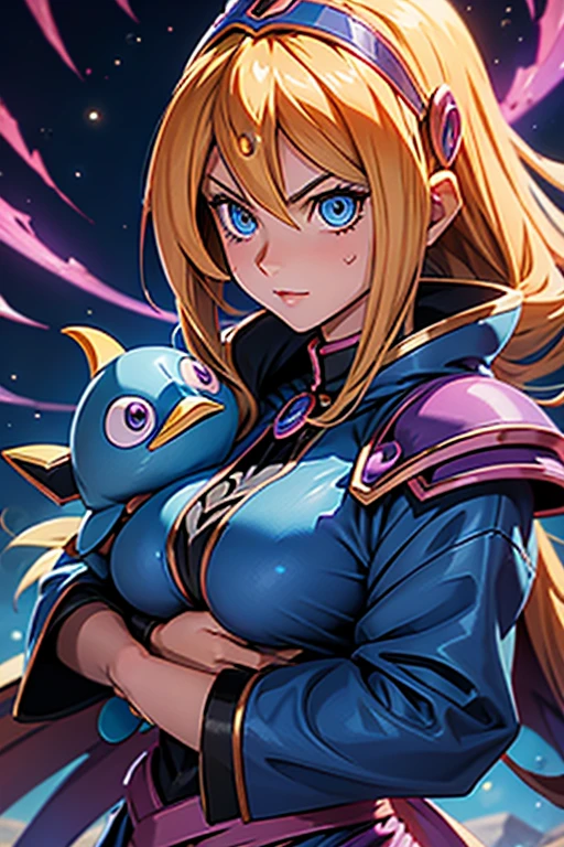 1woman, Dark Magician Girl (Yu-Gi-Oh) Hugging a stuffed pengin, Blond Hair, Magician hat, blue Eyes, Nice breast, Hig details art, Magic Effects, 4k, 8k.