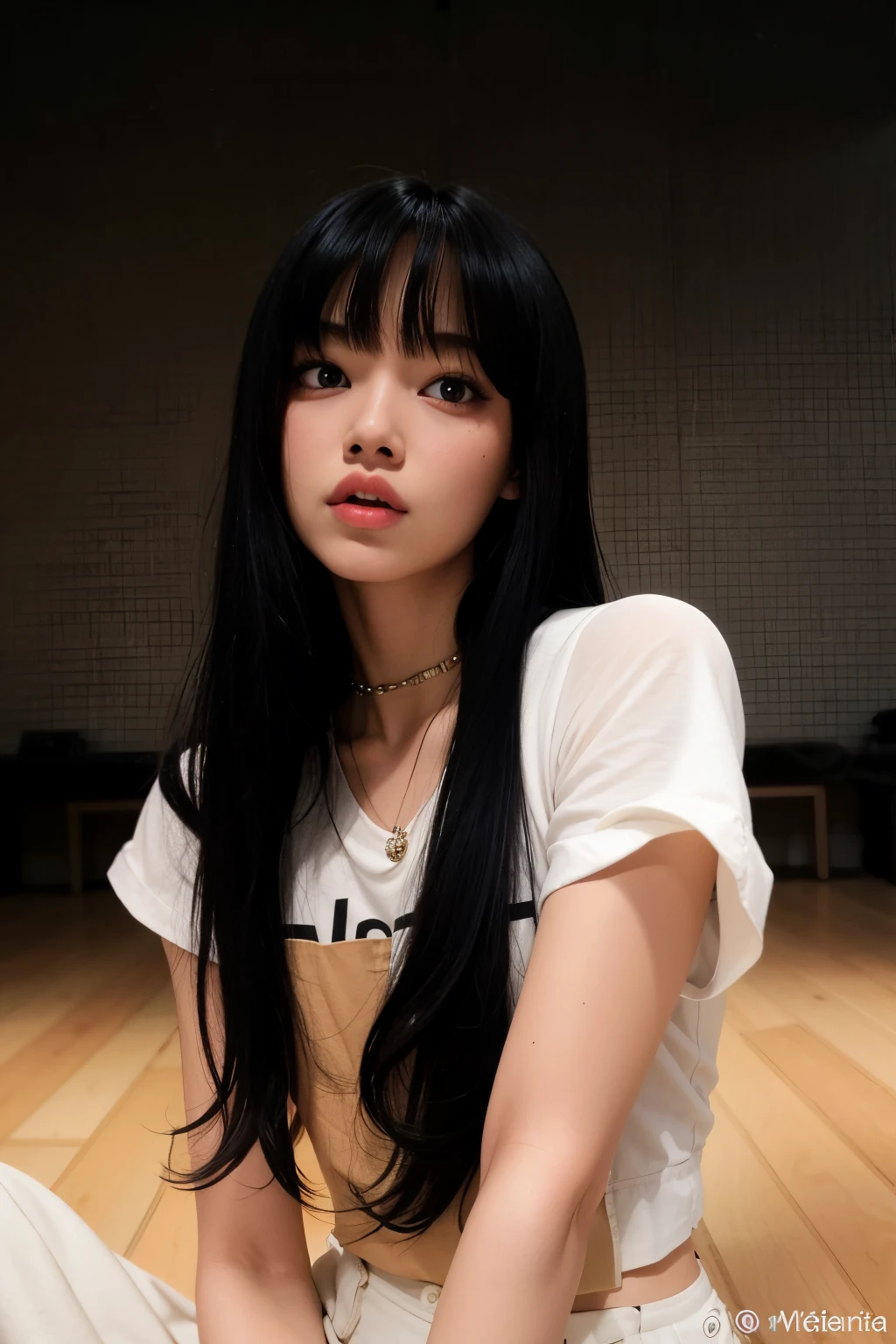 a close-up of a woman sitting on a wooden floor, Retrato de Jossi de Blackpink, Ela tem cabelo preto com franja, jossi do blackpink, Lalisa Manoban do Blackpink, Lalisa Manobal, cabelo preto longo com franja, cabelo comprido com franja completa, Jisoo do Blackpink, Franja reta longa, cabelos longos com franja, Retrato Jisoo Blackpink lalisa manobal do blackpink mulher araffe lalisa Manoban do Blackpink